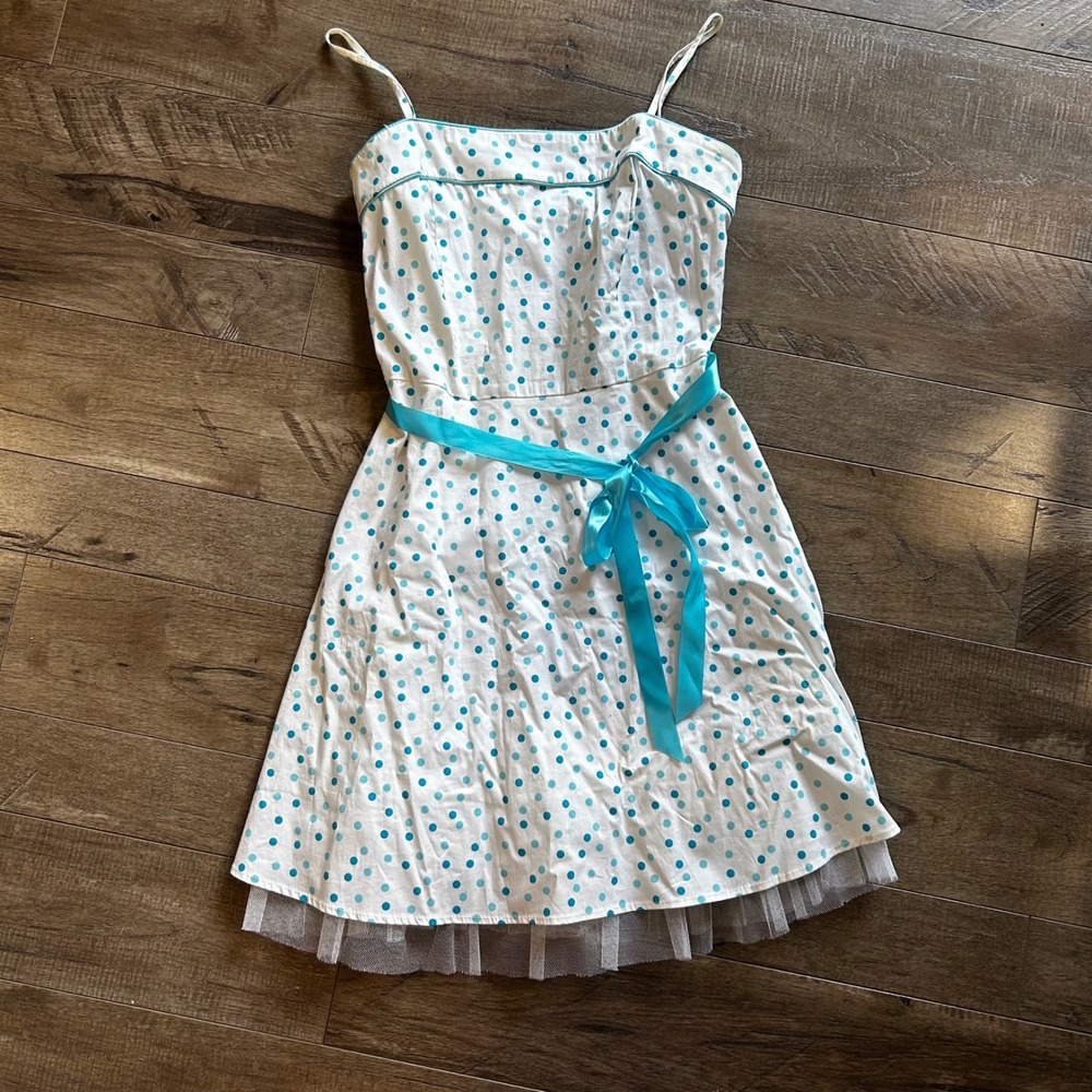 Women's 2010s Pulse White Turquoise Polka Dot Dress W/ Tulle Hem Size L